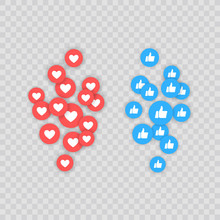 Like And Heart Icon. Live Stream Video, Chat, Likes. Social Nets Like Red Heart Web Buttons Isolated On White Background. Vector Illustaration.