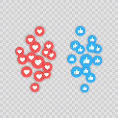 like and heart icon. live stream video, chat, likes. social nets like red heart web buttons isolated