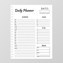 Minimalist Daily Planner Template. Blank White Notebook Page Isolated On Grey. Stationery For Education, Office And Planning A Routine. Realistic Vector Illustration.