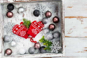 Christmas decorations and  Red Knitted Mittens with Snowflake Mo