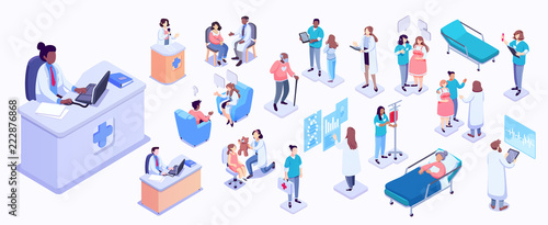 Cuadros en Lienzo Isometric illustration of medical workers and patients
