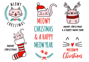 Wall Mural - meowy christmas with cute cats, vector set