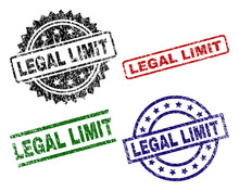LEGAL LIMIT Seal Prints With Corroded Texture. Black, Green,red,blue Vector Rubber Prints Of LEGAL LIMIT Title With Scratched Style. Rubber Seals With Circle, Rectangle, Rosette Shapes.