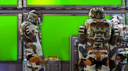 Wall Mural - astronauts near the dashboard with green screen of the spacecraft. super realistic concept. loopable
