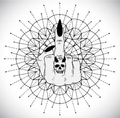 Wall Mural - Middle finger fuck you concept against mystic circle background. Esoteric, occult and Halloween concept, mystic vector illustrations for music album, book cover, t-shirts