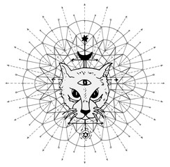 Cat muzzle with mystic symbols against sacred geometry background. Esoteric, occult and Halloween concept, mystic vector illustrations for music album, book cover, t-shirts