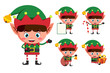 Christmas elves vector character set. Young boy elf cartoon characters holding christmas elements and objects isolated in white background. Vector illustration.
