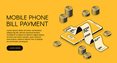 Mobile phone bill payment vector illustration of smartphone with money and invoice receipt. Online banking payment technology application in isometric black thin line on yellow halftone background