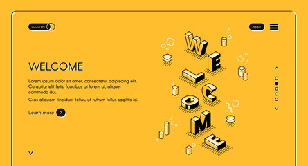 Welcome web main page vector illustration of word letters in isometric black thin line design on yellow halftone background. Layout template for website or landing page with navigation buttons