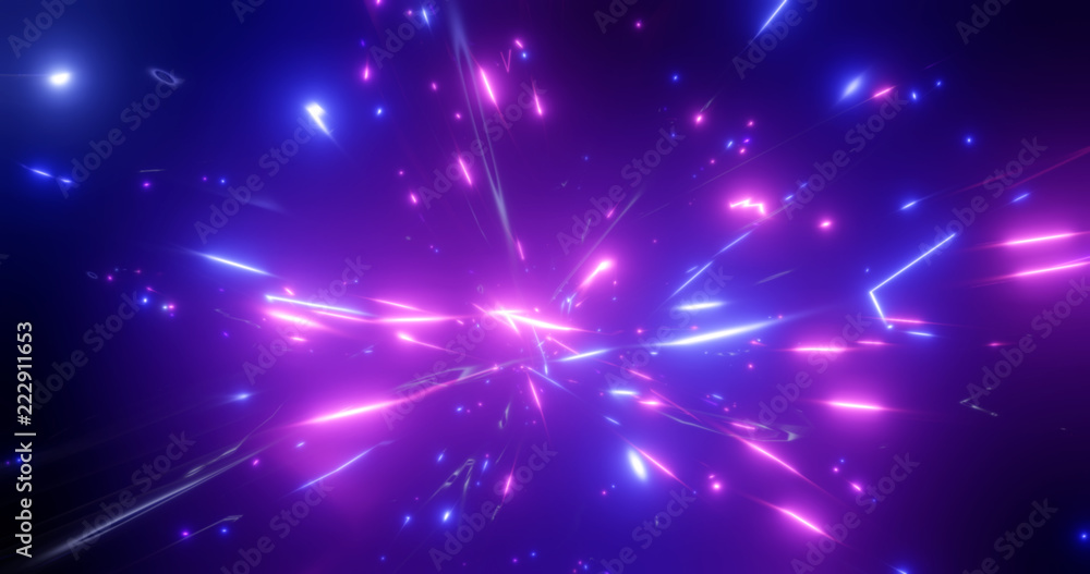 3d rendering. Fantastic background of bright glowing particles in deep space. Bright electric flashes - obrazy, fototapety, plakaty 