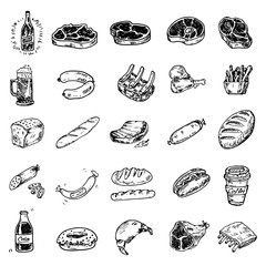 Hand drawn set of food and beverages, doodles meat, sausages, bakery products, beer, cola, fast food. Vector illustration