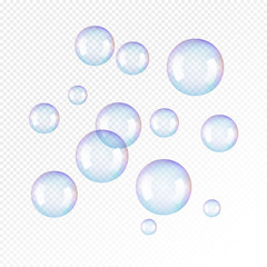 Realistic soap bubbles. Rainbow reflection bubbles isolated vector on transparent illustration