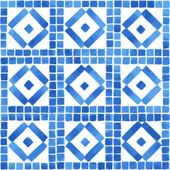 Hand painted geometric tile with square motif. Seamless vector pattern in blue