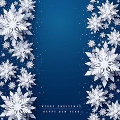 Wall Mural - vector merry christmas and happy new year greeting card design with white layered paper cut snowflak