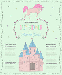 Baby shower invitation with unicorn, castle and butterflies. Fairy tale theme. Vintage vector illustration