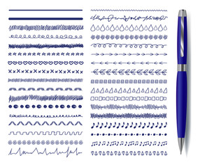 Wall Mural - vector doodle decrotaive lines set with realistic blue pen, drawings collection isolated.