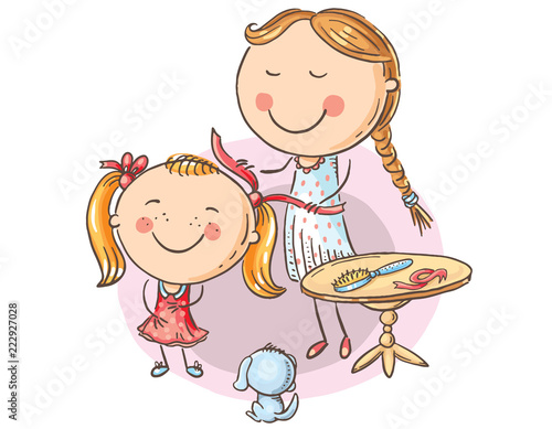 Happy mother combing her daughter's hair, cartoon graphics