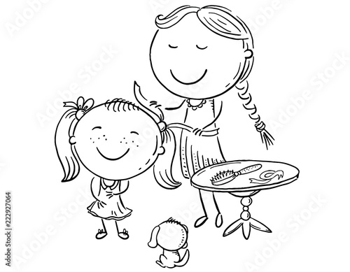 Happy mother combing her daughter's hair, vector illustration