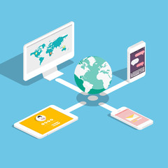 Flat 3d isometric phones with user interface development concept.