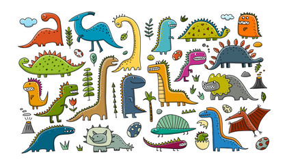 Poster - Funny dinosaurs collection, childish style. Sketch for your design