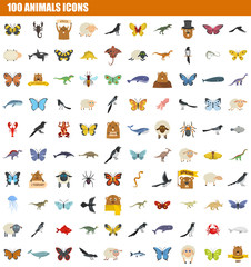 Wall Mural - 100 animals icon set. flat set of 100 animals vector icons for web design