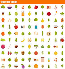 Wall Mural - 100 tree icon set. Flat set of 100 tree vector icons for web design