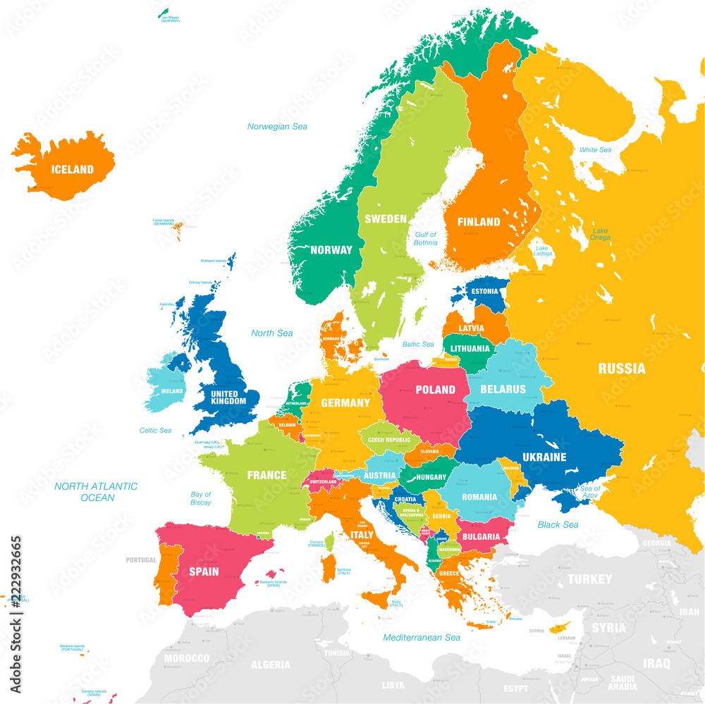 Colorful Vector map of Europe - obrazy, fototapety, plakaty 