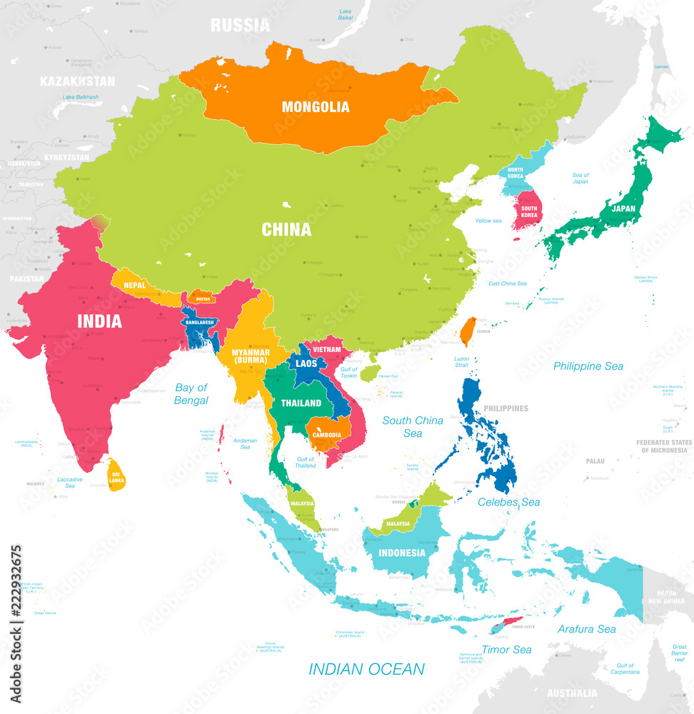 Colorful Vector map of East Asia - obrazy, fototapety, plakaty 