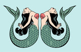 Fototapeta Konie - Pair of beautiful mermaids with long hair 