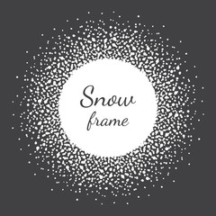 Wall Mural - Round snow frame made of spots, dots, splashes, flakes, specks, snowflakes of various size. Circle, snowball shape. New Year, Christmas, winter abstract radial background with empty space for text.