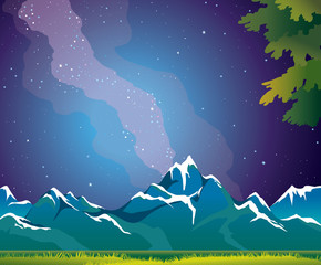 Poster - Summer landscape - mountains, night sky, star, milky way.