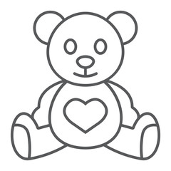 teddy bear thin line icon, child and toy, animal sign, vector graphics, a linear pattern on a white 