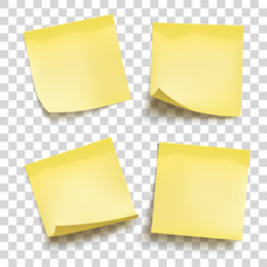 set of yellow sheets of note papers. four sticky notes. vector illustration.
