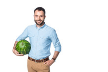 smiling man holding watermelon isolated on white