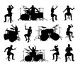 A set of high quality detailed drummer and drum kit musician silhouettes