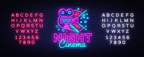 Wall Mural - Cinema Night neon sign vector. Movie Night Design template neon sign, cinema light banner, neon signboard, nightly bright advertising, light inscription. Vector. Editing text neon sign