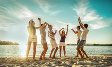 Happiness Friends Funny  Dance On The Beach Party Under Sunset Sunlight
