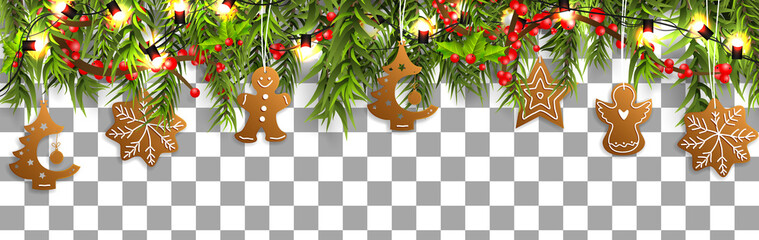 Wall Mural - christmas border (weihnachten girlande) with fir branches, pine cones, holly, and string lights. mer