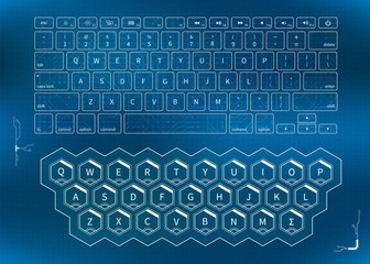 Bright white outline keyboards, futuristic user interface concept on blue