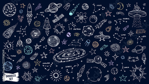 Space doodles set. Astronomy. Cosmic sketches. Zodiac. Planets. Moon and star...