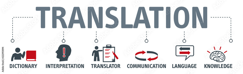 Banner translation concept with icons - obrazy, fototapety, plakaty 