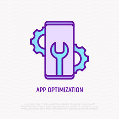 App optimization thin line icon: smartphone with wrench and wheels. Modern vector illustration of app development.