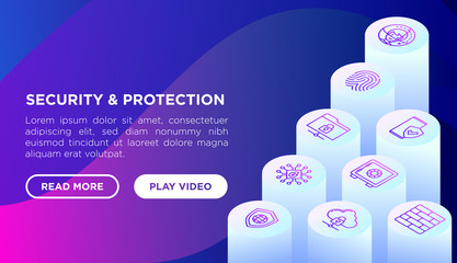 Wall Mural - security and protection concept with thin line isometric icons: mobile security, fingerprint, firewa