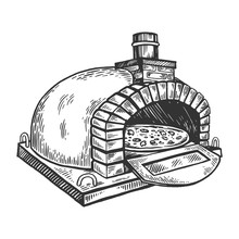Pizza Oven Engraving Vector Illustration. Scratch Board Style Imitation. Black And White Hand Drawn Image.