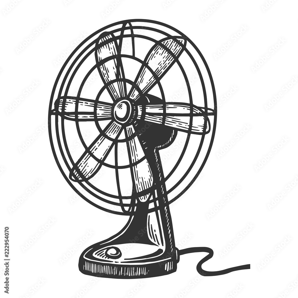 Old table fan engraving vector illustration. Scratch board style imitation. Black and white hand drawn image.