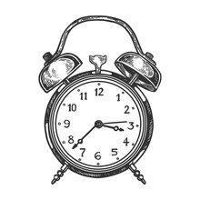 Alarm Clock Engraving Vector Illustration. Scratch Board Style Imitation. Black And White Hand Drawn Image.