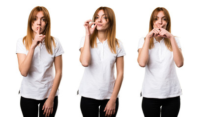 Wall Mural - Set of Beautiful young girl making silence gesture