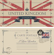 © paseven - Retro postcard with UK flag. Vector postcard in vintage style with words I love London, place for text and rubber stamp in form of royal coat of arms