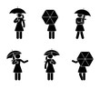 Stick figure woman with umbrella icon set. Female under the rain in different poses .