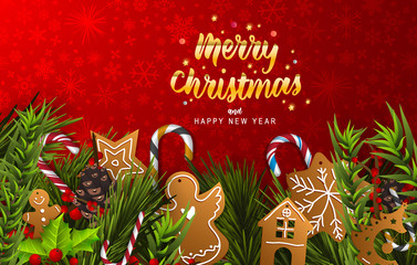 Wall Mural - christmas border (weihnachten girlande) with fir branches, pine cones, holly, and string lights. mer